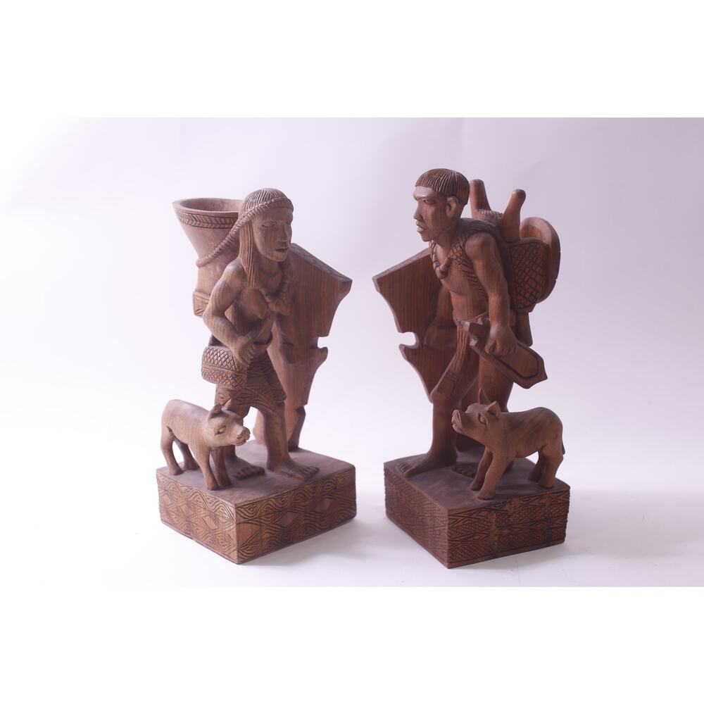 Vintage, Philippine, Hand Carved, Folk Art, Wooden, Book Ends, Man and Woman